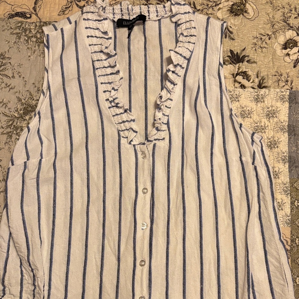Ellen Tracy Blue and White Striped Ruffle Blouse